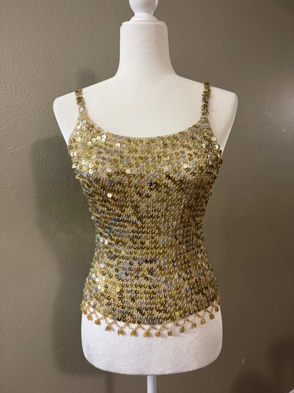 Vintage Frederick’s of Hollywood Gold Sequin Crochet Tank Top Small Y2K Glam